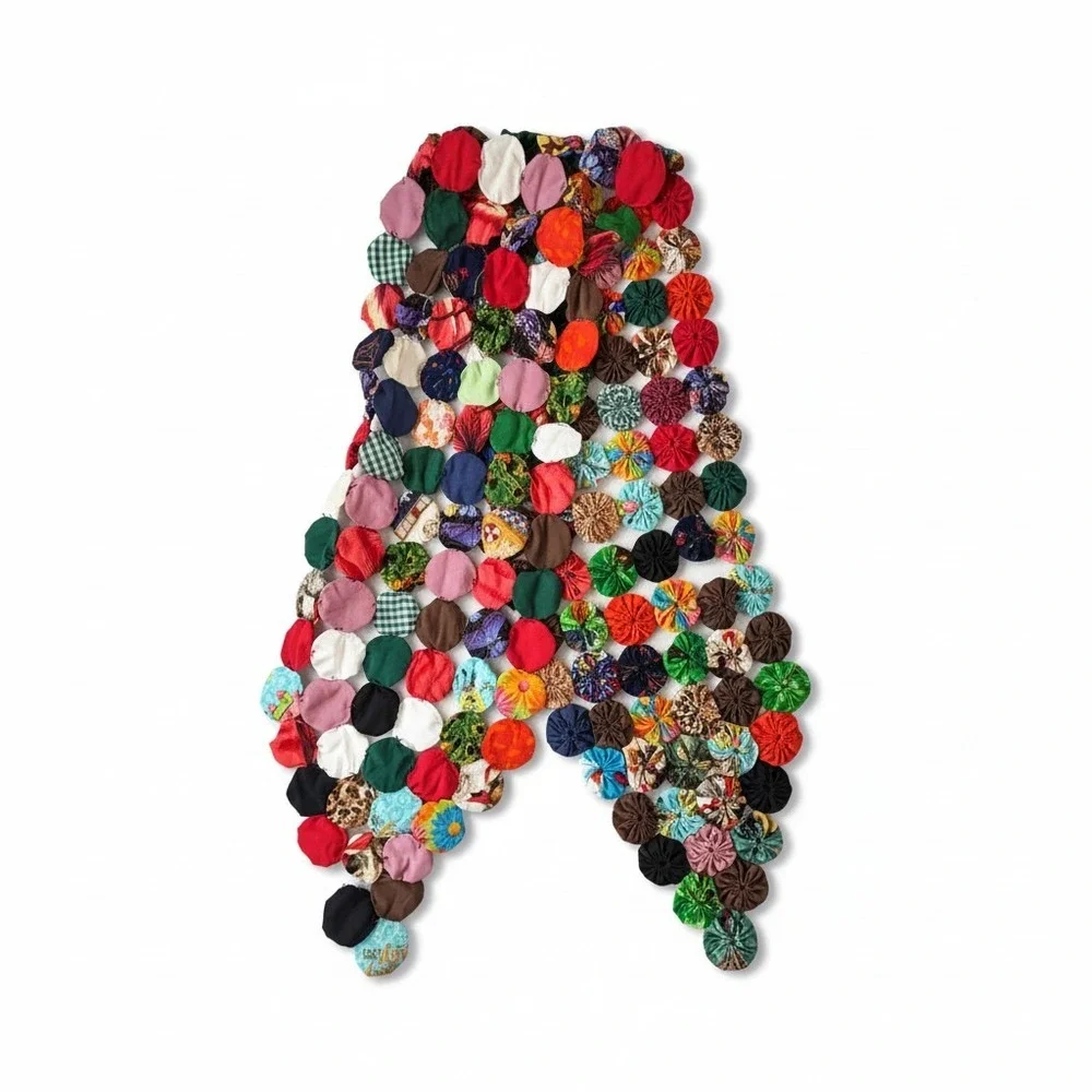 Handmade 2 Yo-Yo Quilt Textile‎ Art Boho Table Runner Wall Hanging Cottagecore
